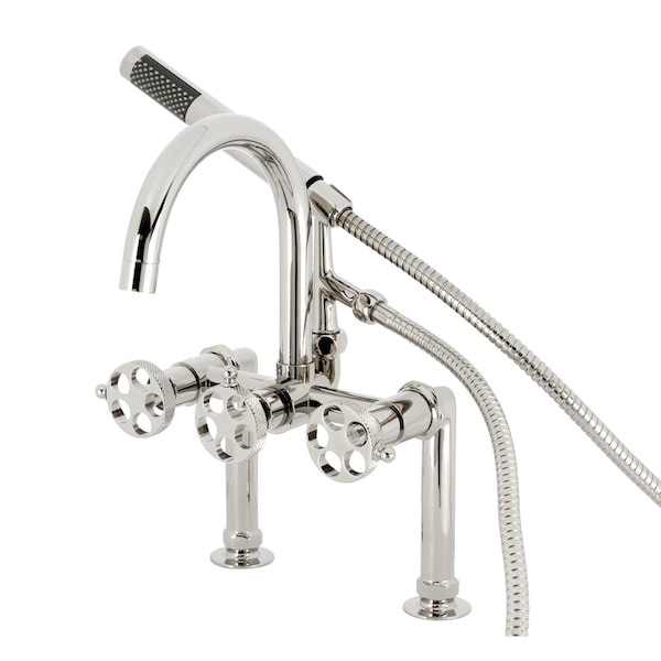 Kingston Brass 7" Center Deck-Mount Clawfoot Tub Faucet with Knurled Handle and Hand Shower, Polished Nickel AE8106RKX - main