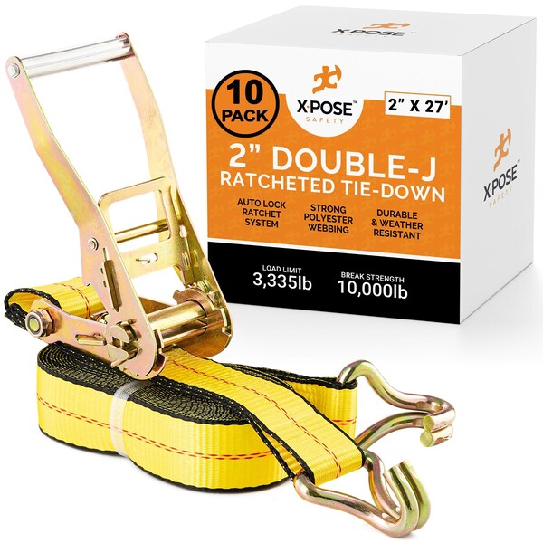Xpose Safety Heavy Duty Ratchet Straps with Double J Hooks Yellow 2in x 27ft for Tie Downs, 10PK RTD227-DJH-10-X-S - main