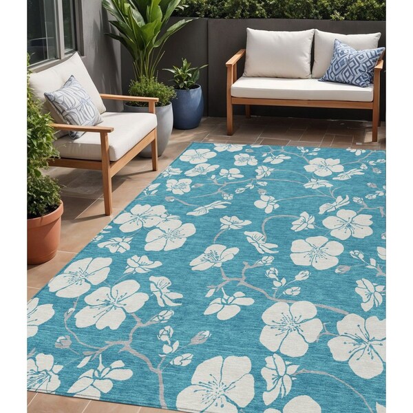 Homeroots 5' X 8' Turquoise Ivory And Gray Floral Washable Indoor Outdoor Area Rug 599929 - main