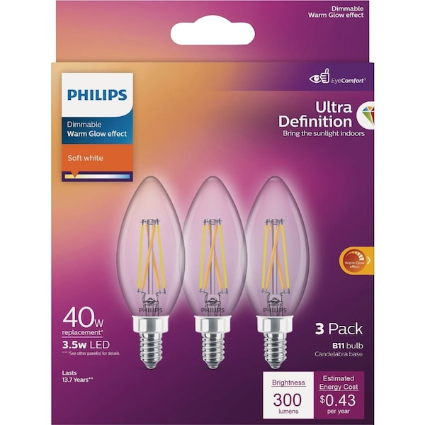Signify Ultra Definition 40W Equivalent B11 LED Candelabra Base Soft White Light Bulb, 3PK 588533 - main