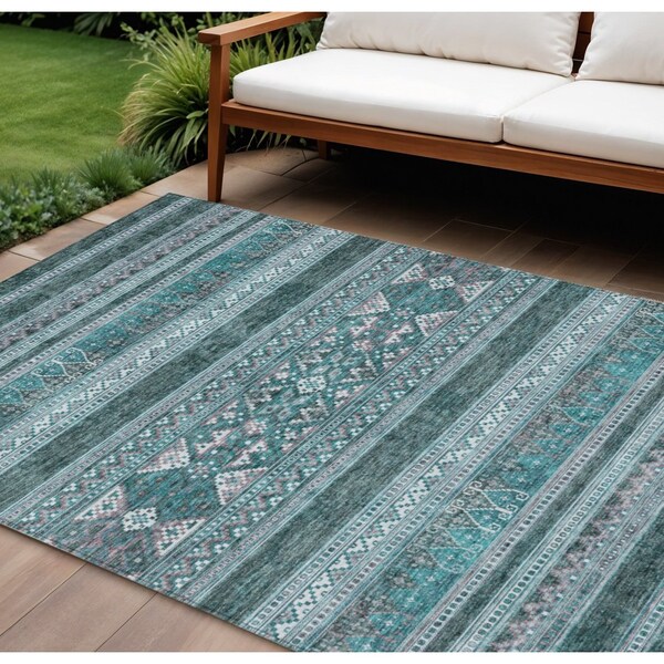 Homeroots 8' X 10' Teal Blue Ivory And Gray Southwestern Washable Indoor Outdoor Area Rug 582863 - main