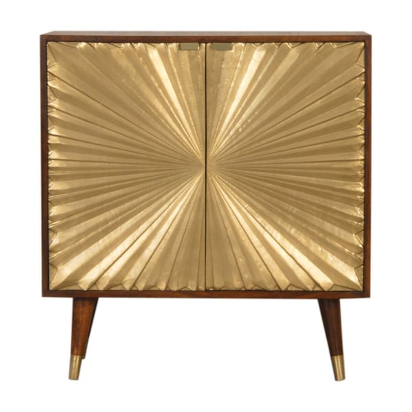 Homeroots 32in Chestnut and Gold Solid Wood Textured Door Accent Cabinet With Two Doors 654281 - main