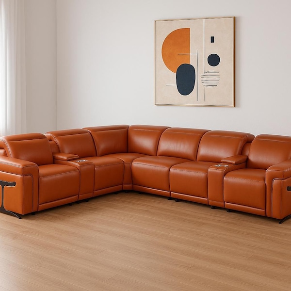 Homeroots Camel Italian Leather Modular L Shaped Eight Piece Corner Sectional With Console 534863 - main