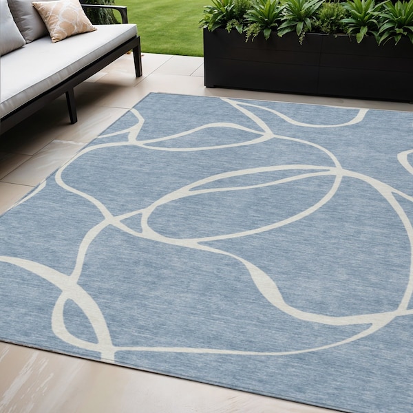 Homeroots 5' X 8' Denim Blue And Ivory Abstract Washable Indoor Outdoor Area Rug 597470 - main