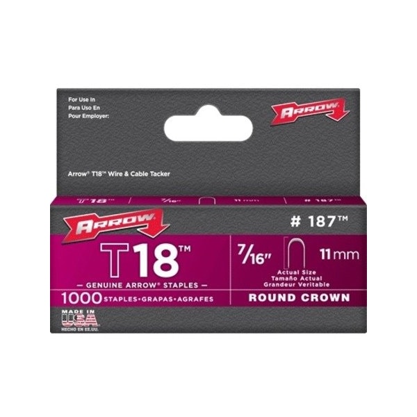 Arrow Fastener Heavy Duty Staples, 18 ga, Round Crown, 7/16 in Leg L, Steel 187 - main