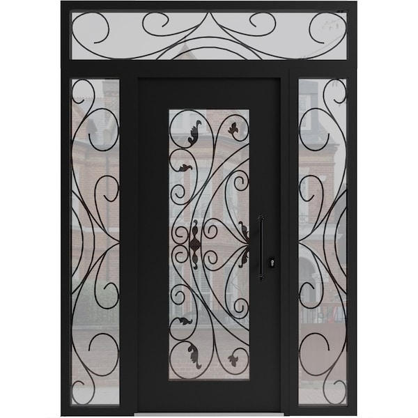 Vdomdoors Aluminum Door Iron 1633 Black Entry Steel Metal Classic Painted 64 x 94 (16+36+16 x 80+14)-Left Ins IRON1633EXD-BLK-W16+36+16xH80+14-LH-I - main