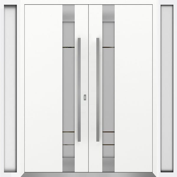 Vdomdoors Metal Double Doors Deux 1713 White Enamel Frosted Glass 2 Sidelights Entry Modern Painted 104x80 (W DEUX1713DEXD-BEM-W16+72+16xH80-RH-O - main
