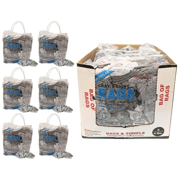 Supremeplus Recycled Gray Knit T-Shirt Cleaning Rags, 4 lbs. Bag, Pack of 6, 6PK SP-0882 - main