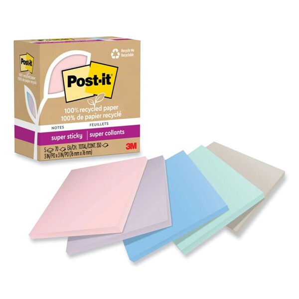 Post-It Recycled Paper Super Sticky Notes, 3 in. x 3 in., Wanderlust Pastels, 70 Sheets/Pad, 5PK 70007079588 - main