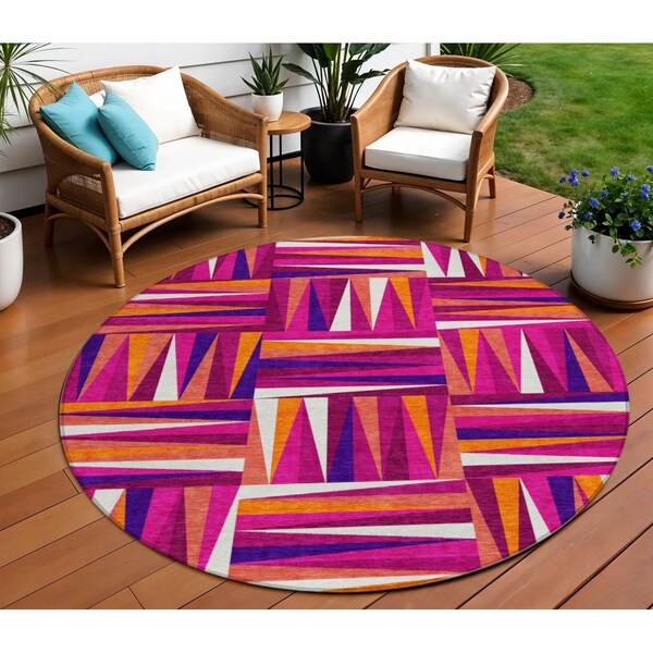 Homeroots 8' Red Purple And Copper Round Geometric Washable Indoor Outdoor Area Rug 598258 - main