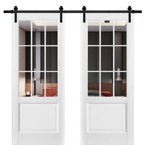 Sartodoors Sturdy Double Barn Door with, Felicia 3599 White Silk with Clear Glass, 13FT Rail Hangers Heavy Se FELICIA3599DB-WS-4884 - main