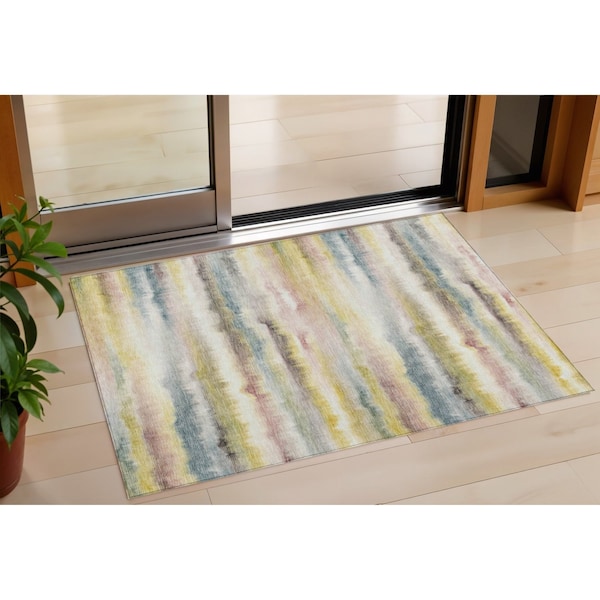 Homeroots 3' X 5' Gold Gray And Ivory Striped Washable Indoor Outdoor Area Rug 631407 - main