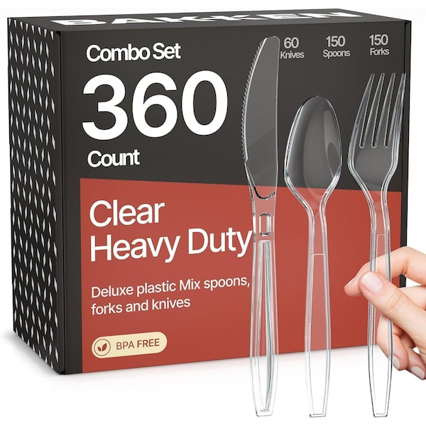 Bakkenmaster Disposable Cutlery Set Forks, Knives and Spoons, Heavy-Duty BPA-Free Plastic, Reusable, 360PK BK-360CM - main
