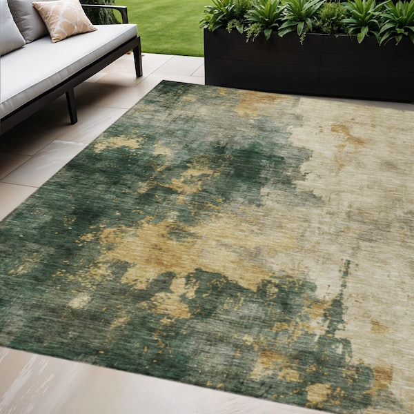 Homeroots 10' X 14' Fern Green And Gold Abstract Washable Indoor Outdoor Area Rug 603058 - main