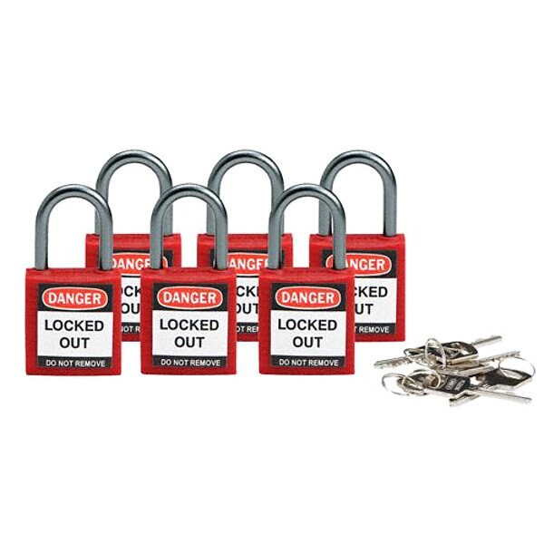 Brady Lockout Padlock, Keyed Different, Nylon, Red, 1 in Shackle Height, 1 3/16 in Body Width, 6 PK 118926 - main