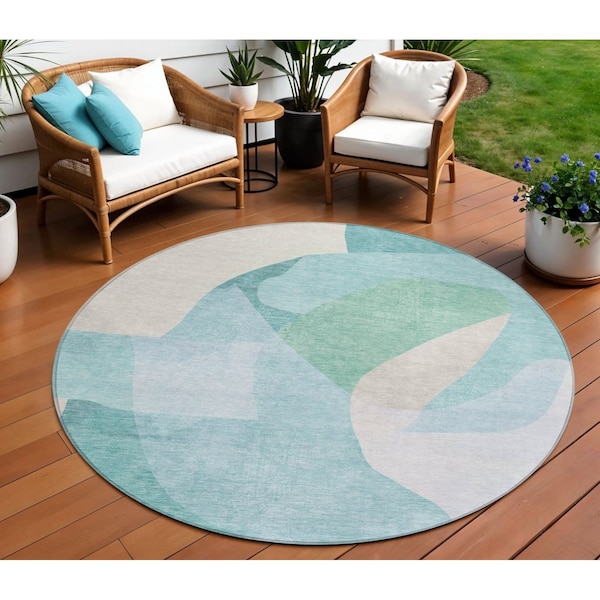 Homeroots 8' Pale Aqua And Beige Round Abstract Washable Indoor Outdoor Area Rug 630455 - main
