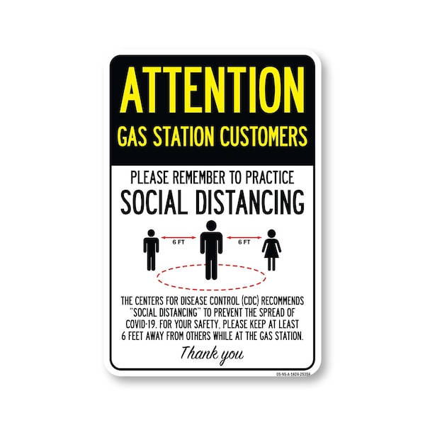 Signmission Public Safety, Gas Station Customers Practice Social Distancing, 24in X 18in, OS-NS-A-1824-25358 OS-NS-A-1824-25358 - main