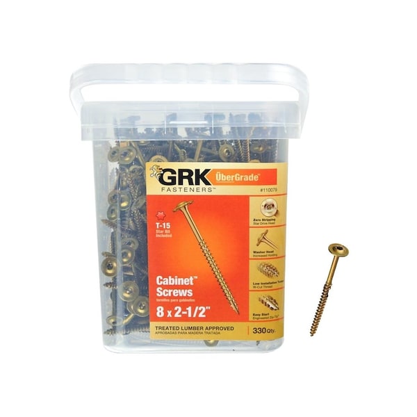 Grk Fasteners Cabinet Screw, #8 Thread, 2-1/2 in L, Washer Head, Star Drive, Steel, 330 PK White, 330PK 110079 - main