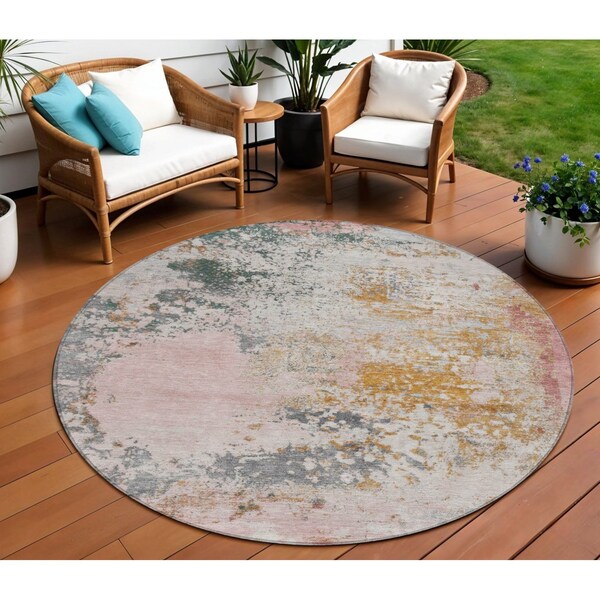 Homeroots 8' Pink Charcoal And Copper Round Abstract Washable Indoor Outdoor Area Rug 630803 - main