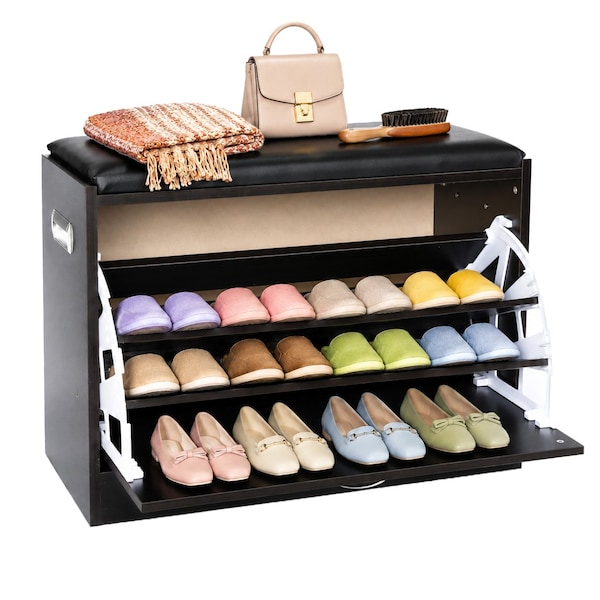 Basicwise Shoe Storage Bench with Leather Cushion, Classic Black Wooden Entryway, Fold-Out Shoe Rack QI003384 - main