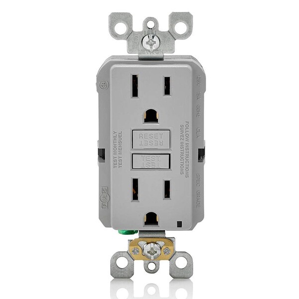 Leviton 15 Amp, Self Test, Non Tamper-Resistant Slim GFCI Outlet with LED Indicator Light - Gray GFNT1-GY - main