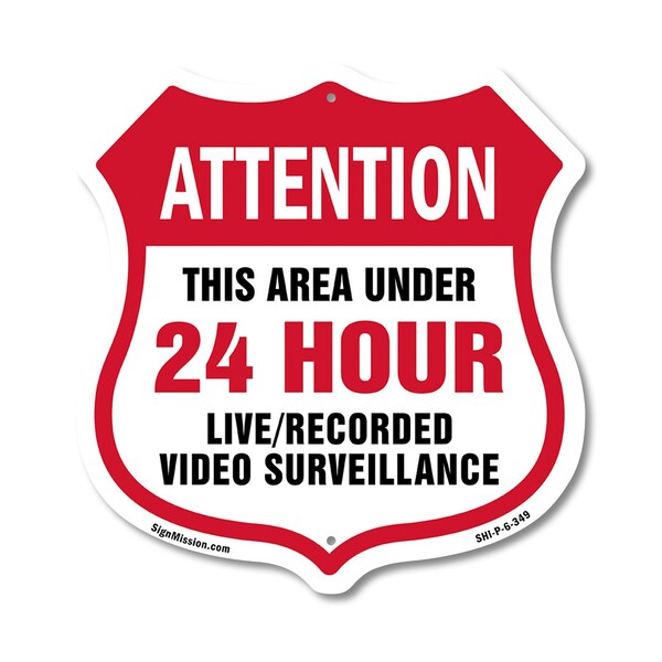 Signmission 24 Hour Surveillance Shield Sign Attenti, 6 Inch X 6 Inch, Plastic Sign SHI-P-6-349 - main