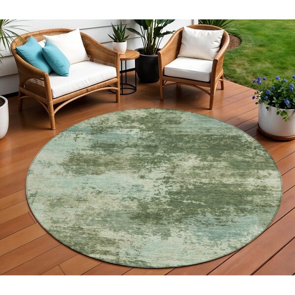 Homeroots 8' Artichoke Green And Pale Aqua Round Abstract Washable Indoor Outdoor Area Rug 630635 - main
