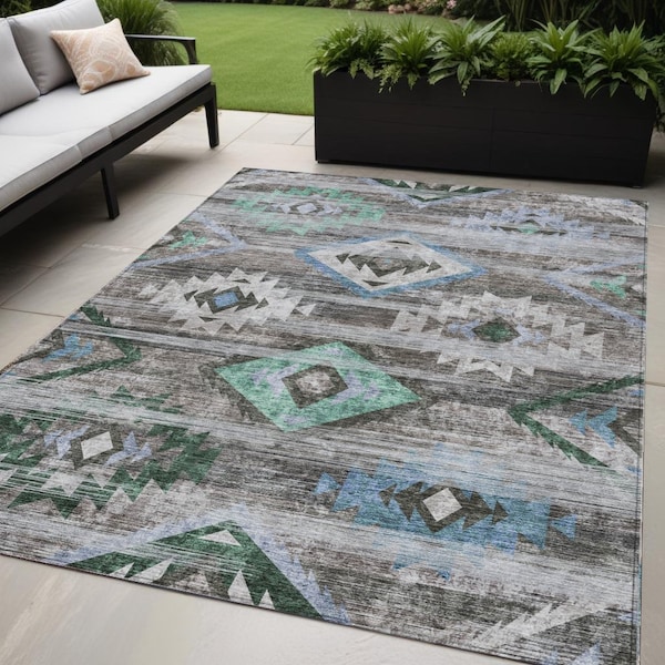 Homeroots 5' X 8' Brown Beige And Blue Southwestern Washable Indoor Outdoor Area Rug 588673 - main