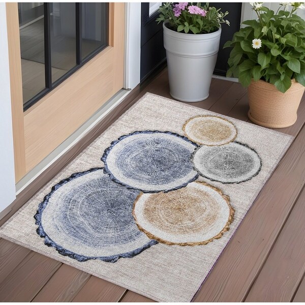 Homeroots 2' X 3' Beige Blue and Gold Faux Bois Washable Non Skid Indoor Outdoor Area Rug 564392 - main