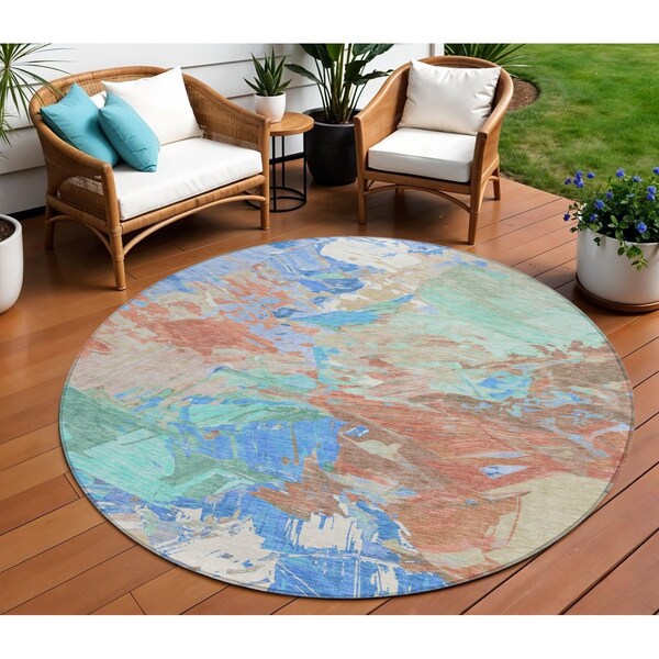 Homeroots 8' Coral Teal Blue And Mint Green Round Abstract Washable Indoor Outdoor Area Rug 618540 - main