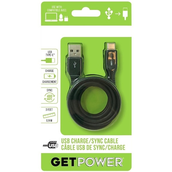 Aries GetPower Charge and Sync Cable, USB-A, USB-C, 3 ft L GP-USB-USBC - main