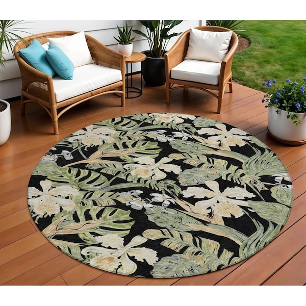 Homeroots 8' Black Beige And Fern Green Round Botanical Leaves Washable Indoor Outdoor Area Rug 618390 - main