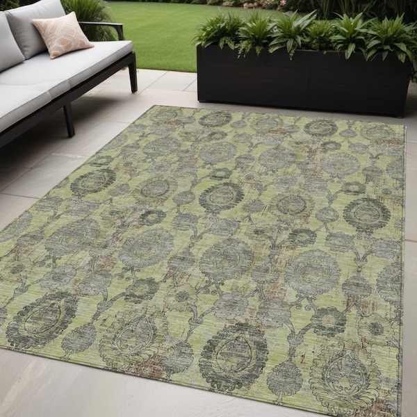 Homeroots 5' X 8' Artichoke Green And Gray Damask Washable Indoor Outdoor Area Rug 588131 - main