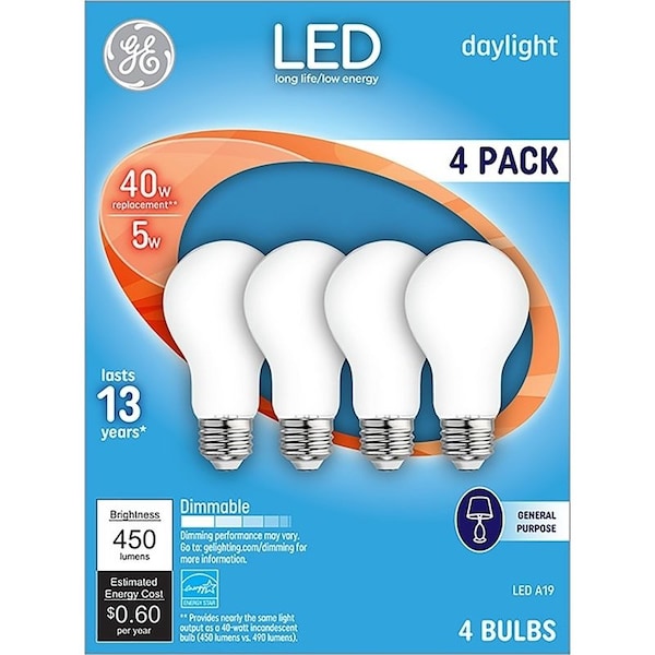 Ge LED Bulb, General Purpose, A19 Lamp, 40 W Equivalent, E26 Lamp Base, Dimmable, White, PK4 93098312 - main
