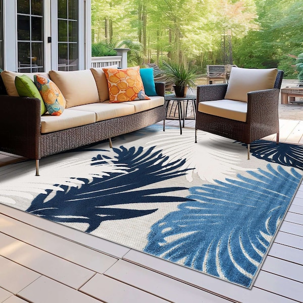 World Rug Gallery Amalfi Contemporary Tropical Floral Indoor/Outdoor Area Rug 6 ft 6 in x 6 ft 6 in Square Navy 8013NAVY6SQ - main
