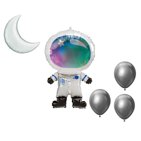 Loonballoon Space, Alien, Rocket Theme Balloon Set, 30in. IRIDESCENT ASTRONAUT, Moon Foil and 3x latex balllons 41196-01-A-P - main
