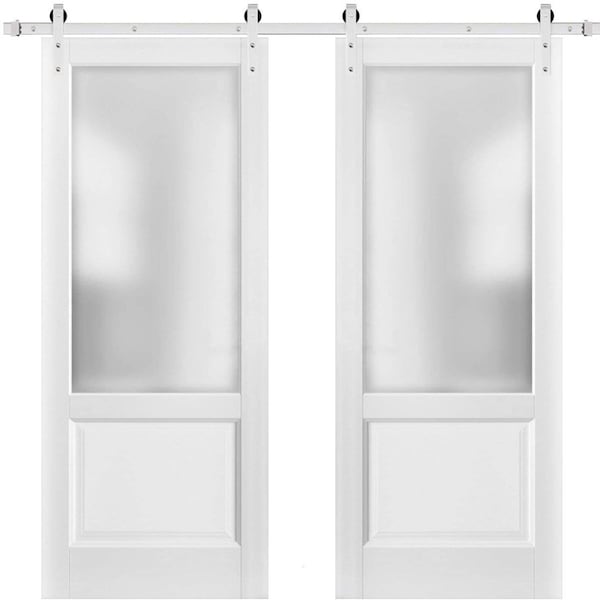 Sartodoors Sliding Double Barn Doors with Hardware, Lucia 22 White Silk with Frosted Opaque Glass, 13FT Rail LUCIA22DB-S-BEM-60 x 96 (2* 30x96)-Frosted Glass - main