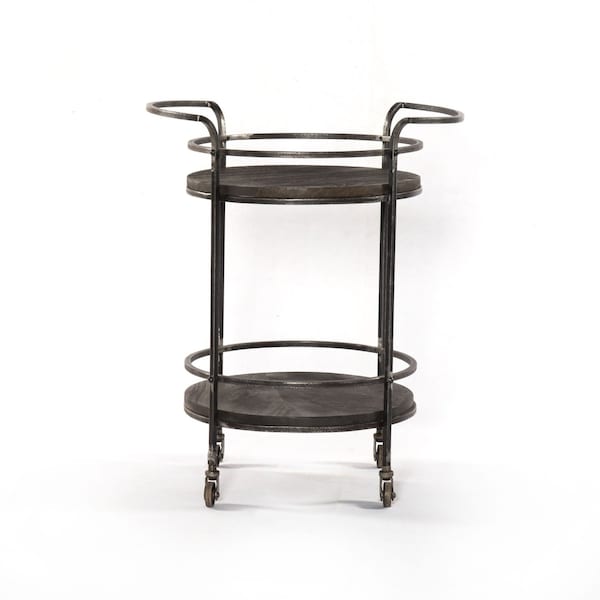 Homeroots Dark Gray Iron And Solid Wood Round Rolling Bar Cart 490202 - main
