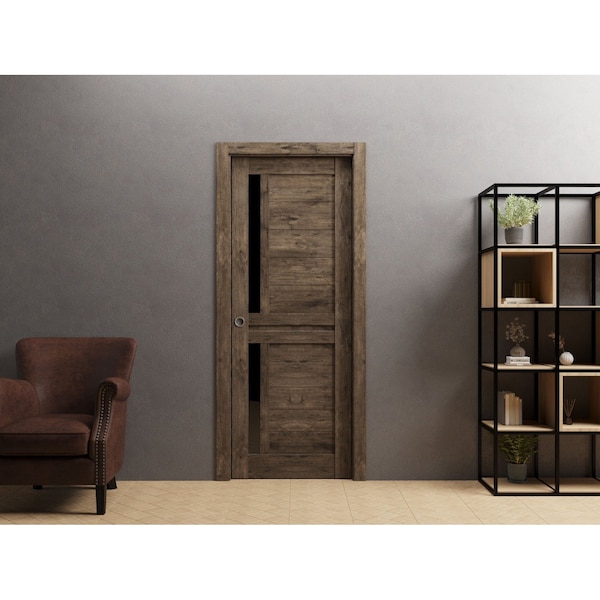 Sartodoors Slab Barn Door Panel 18 x 80in, Veregio 7588 Cognac Oak W/ Black Glass, Pocket Closet Sliding VEREGIO7588S-AKA-18 - main