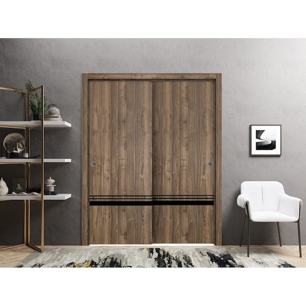 Sartodoors Sliding Closet Bypass Doors, Planum 0012 Walnut and Aluminum Strips, Sturdy Rails Moldings Trims Ha PLANUM0012DBD-WLN-4884 - main
