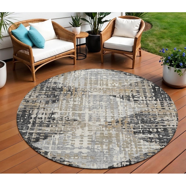 Homeroots 8' Black And Ivory Round Geometric Washable Indoor Outdoor Area Rug 631989 - main