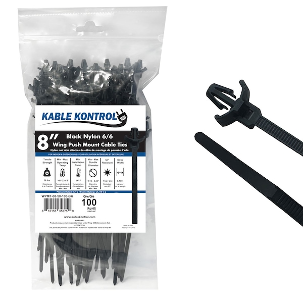Kable Kontrol Winged Push Mount Cable Zip Ties, 8 in L, 2.25 in Max Bundle Dia., Black, Nylon 6-6, 100 PK wpmt-08-50-100-bk - main
