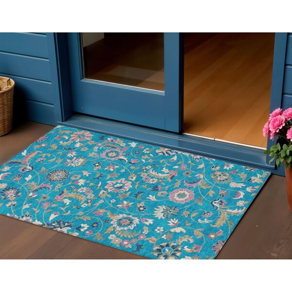 Homeroots 3' X 5' Teal Blue Ivory And Pink Floral Washable Indoor Outdoor Area Rug 597848 - main