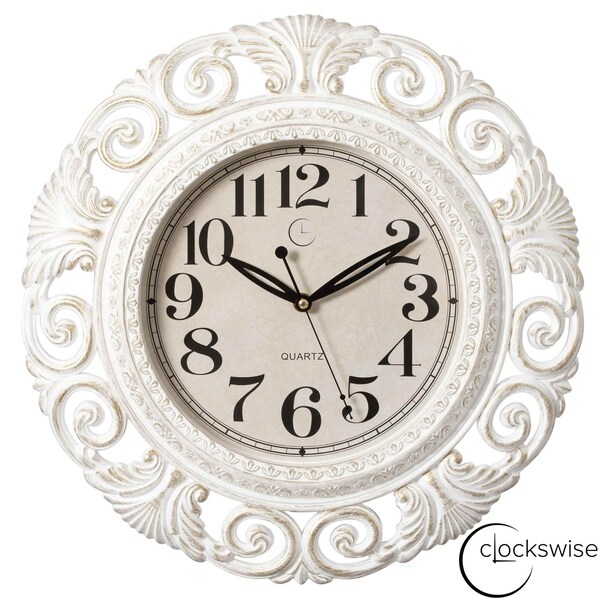 Clockswise 16in Classic Hanging Wall Clock with Ornate Leaf Scroll Frame in Vintage Distressed Finish, White QI004931 - main