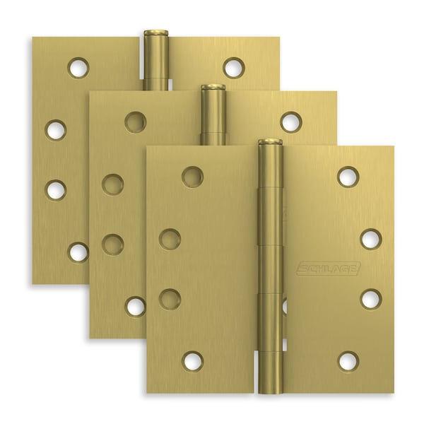 Schlage Residential Pack of 3 4in x 4in Square Corner Hinges Satin Brass Finish, 3PK S3P1020FRP608 - main