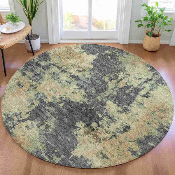 Homeroots 8' Gray And Beige Round Abstract Washable Indoor Outdoor Area Rug 630689 - main