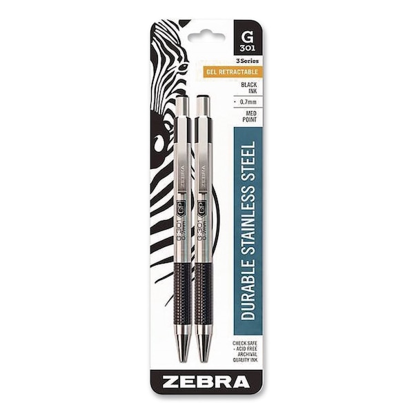 Zebra Pen G-301 Gel Pen, Retractable, Medium 0.7 mm, Black Ink, Stainless Steel/Black Barrel, 2PK 41312 - main