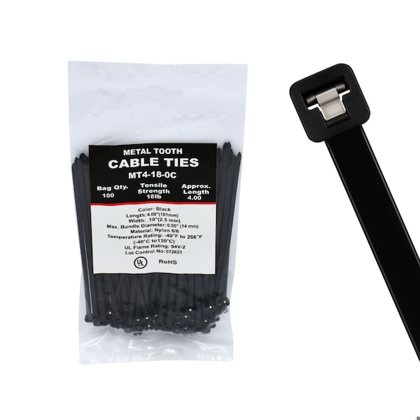Cable Ties Unlimited Metal Tooth Cable Tie, 4 in L, 18 lb Strength, 1 in Max Bundle Dia, Nylon, UV-Rated, Black, 100PK MT4-18-0C - main
