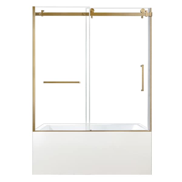 Kingston Brass 60" Acrylic Alcove Left-Hand Drain Tub with Right Sliding Tub Door, White/Brushed Brass KVTAP6032L227 - main