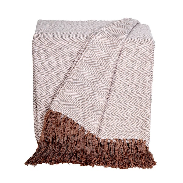 Homeroots 50" X 60" Beige and Brown Woven Cotton Herringbone Throw Blanket with Fringe 548942 - main